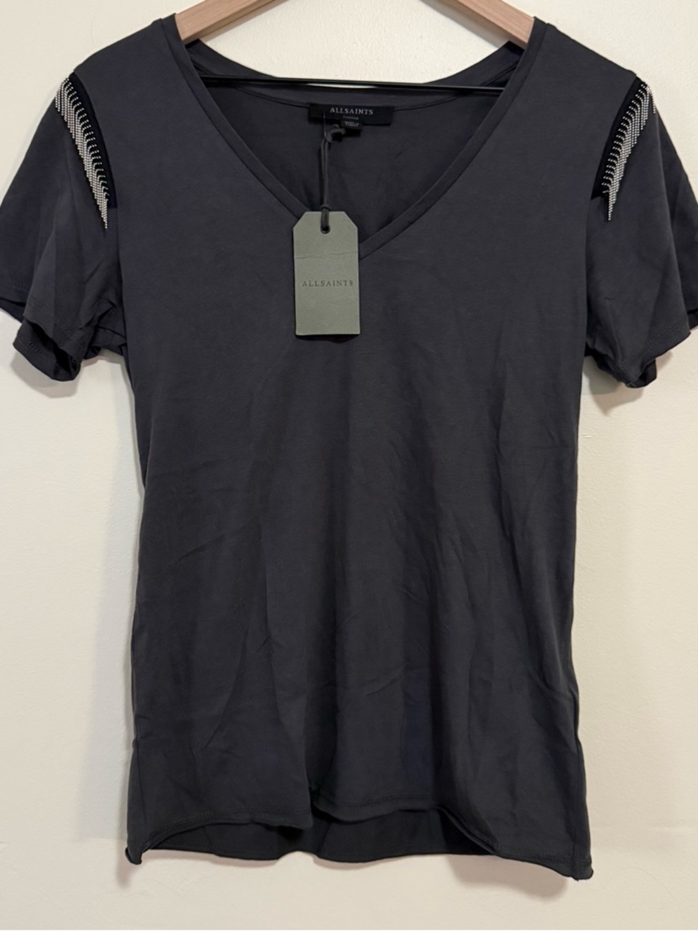 NWT $68 All Saints Black Short-Sleeve V-Neck Tee with Shoulder Chain Detail
